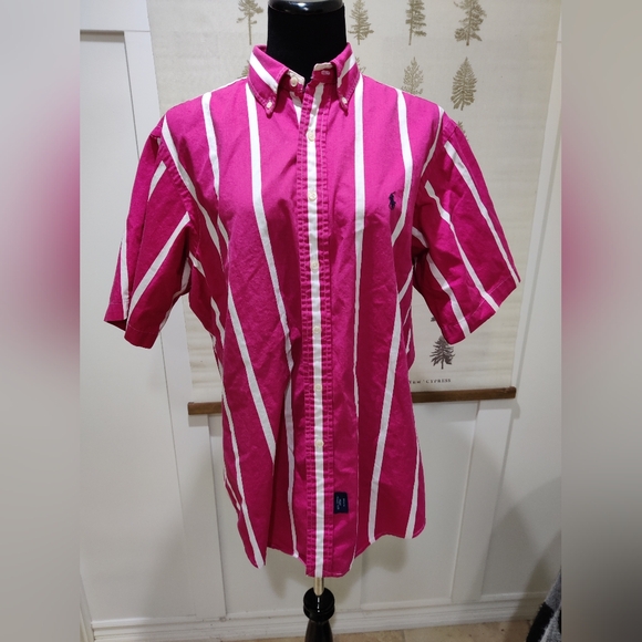 Mens Vintage Ralph Lauren Candy Stripe Short Sleeve Collar Shirt - Large - Picture 2 of 12